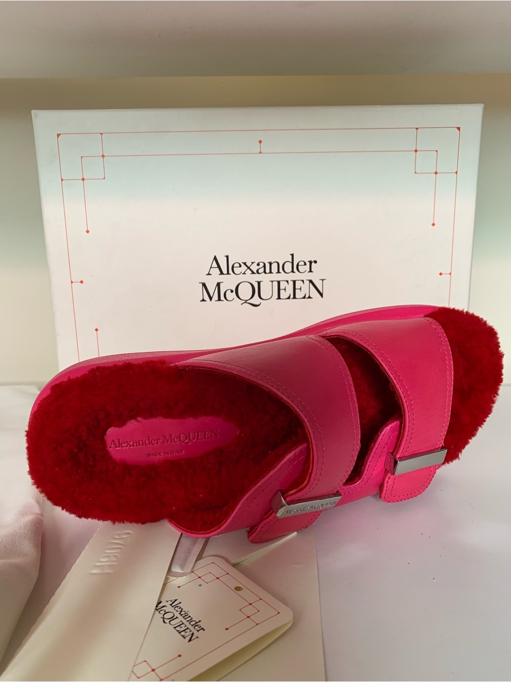 Alexander McQueen Hot Pink Shearling Slide Sandals (40.5)
